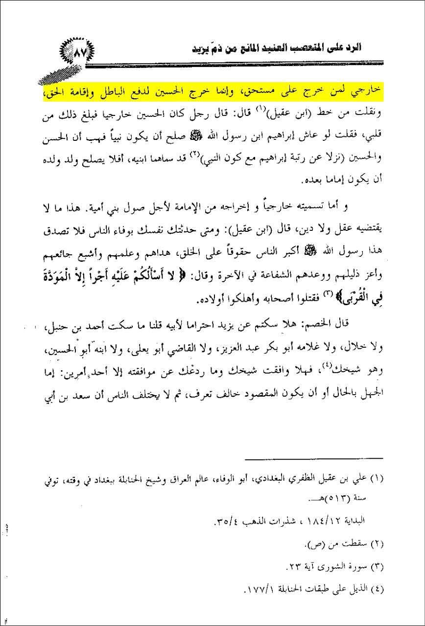 محدثین اہل سنت نے لکھا کہ امام حسین ع نے بغاوت کی اور امام کو سنی علما کا خارجی تصور کرنا