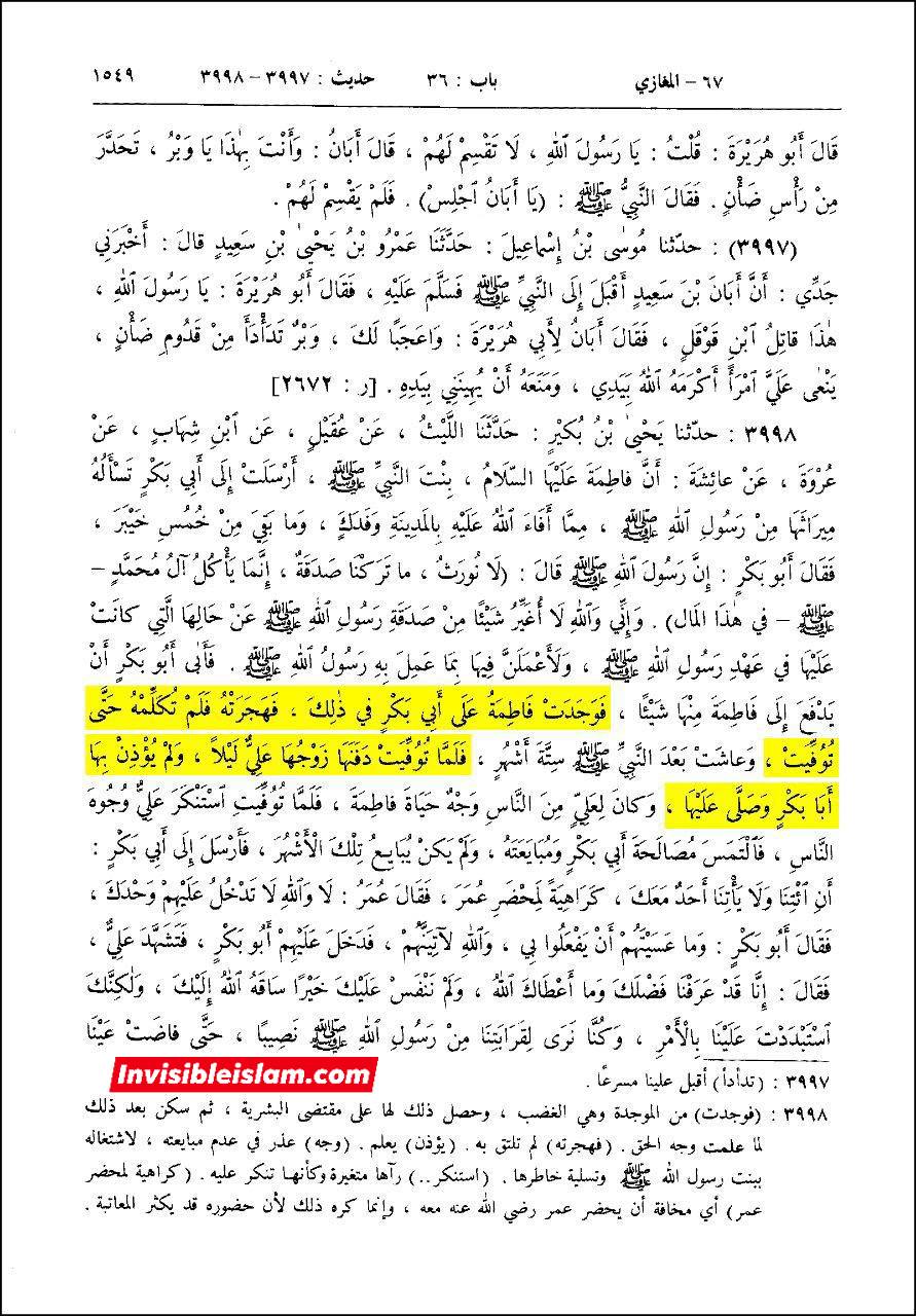 سیدہ فاطمہ زھراء ص کا جنازہ حضرت علیؑ نے رات کے وقت پڑھایا اور ابوبکر کو اطلاع تک نہیں دی (سنی کتب)