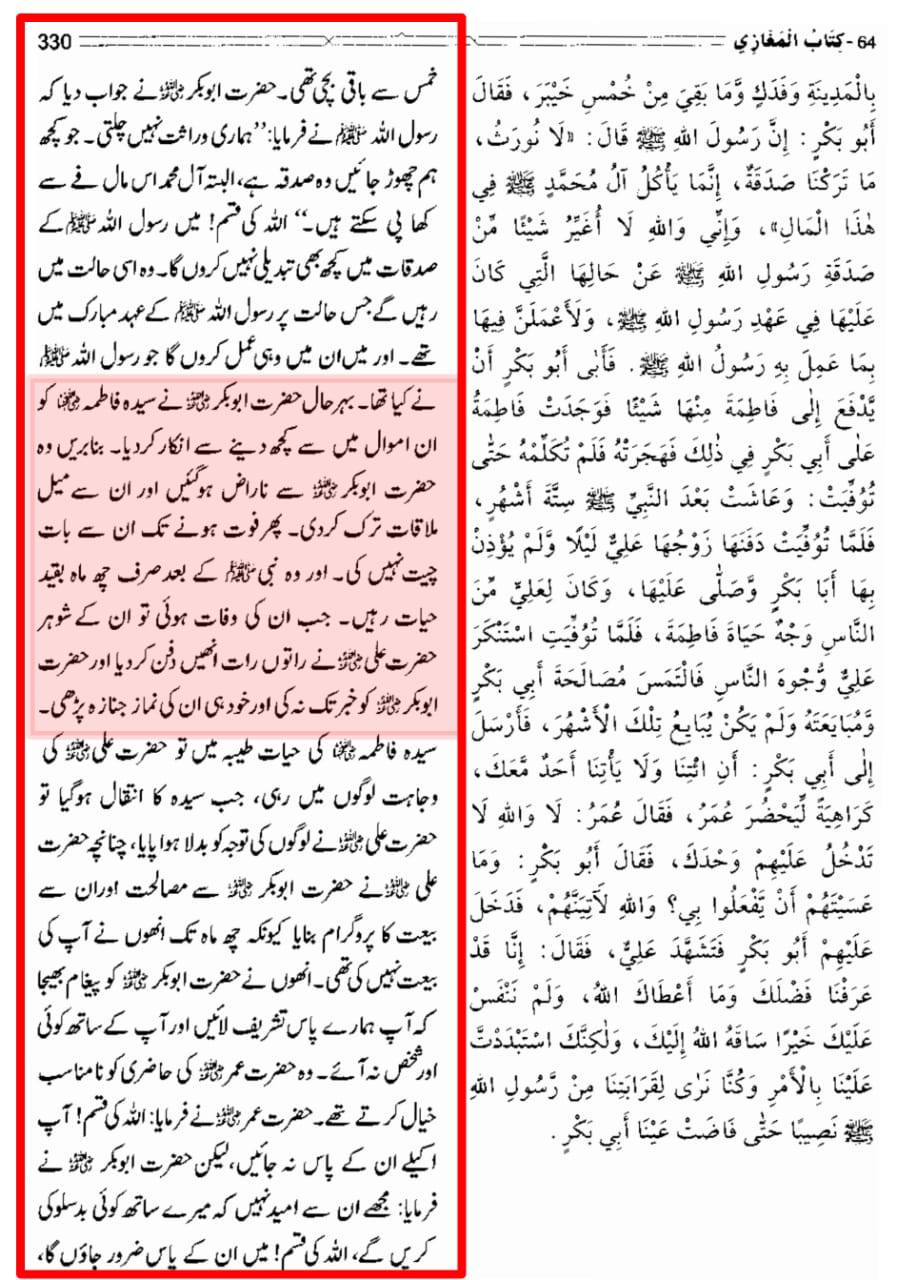 سیدہ فاطمہ زھراء ص کا جنازہ حضرت علیؑ نے رات کے وقت پڑھایا اور ابوبکر کو اطلاع تک نہیں دی (سنی کتب)