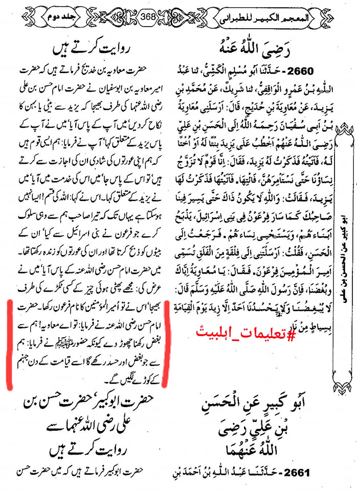 امام حسن ع نے فرمایا: اے معاویہ! ہم سے بغض رکھنا چھوڑ دے