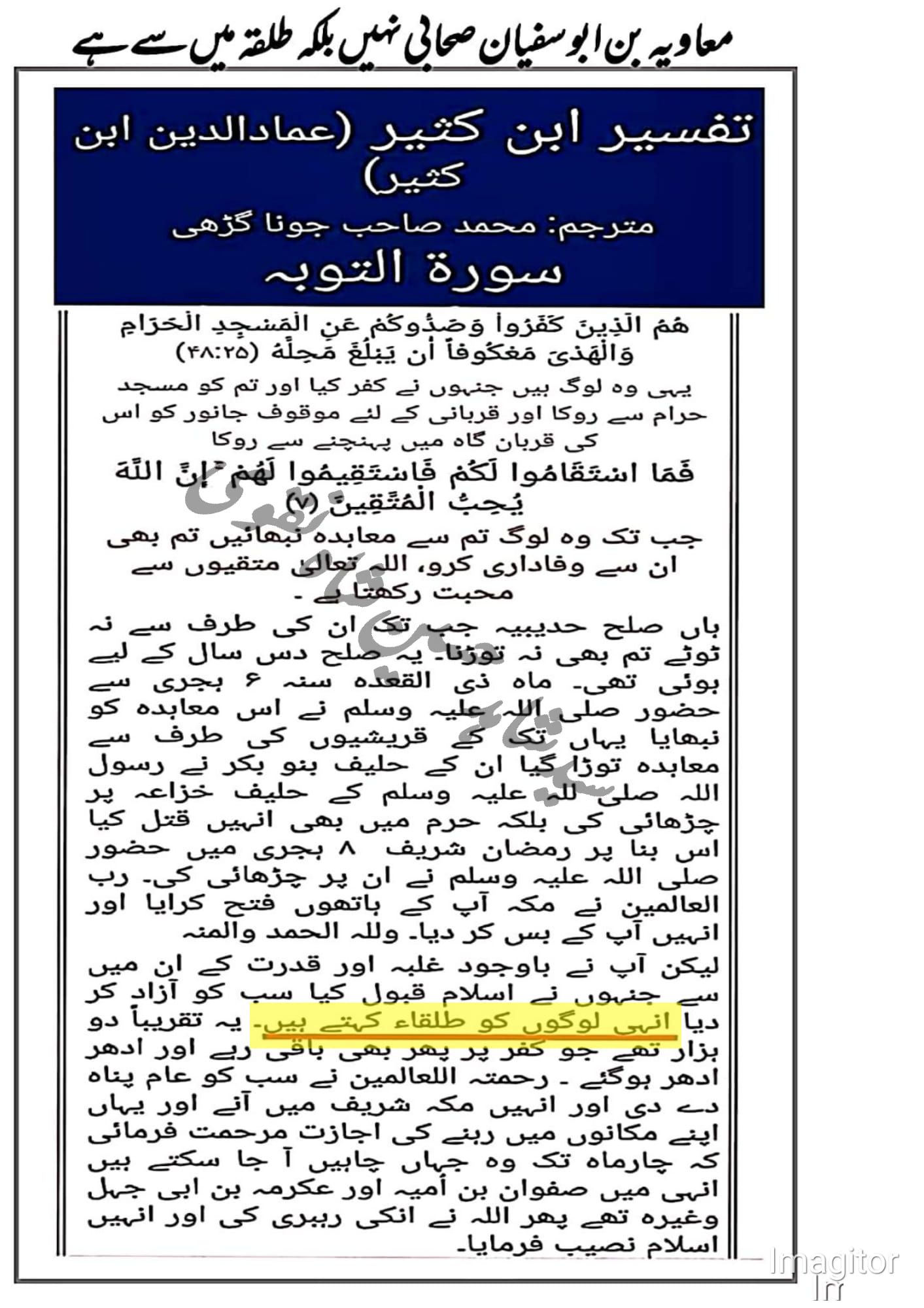 معاویہ بن ابوسفیان صحابی نہیں بلکہ طلقاء میں سے ہے