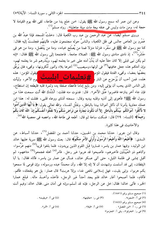 جو بھی مر جائے اس حالت میں کہ اسکی گردن پر کسی امام کی بیعت نہ ہو تو شخص جاہلیت کی موت مرا ہے۔